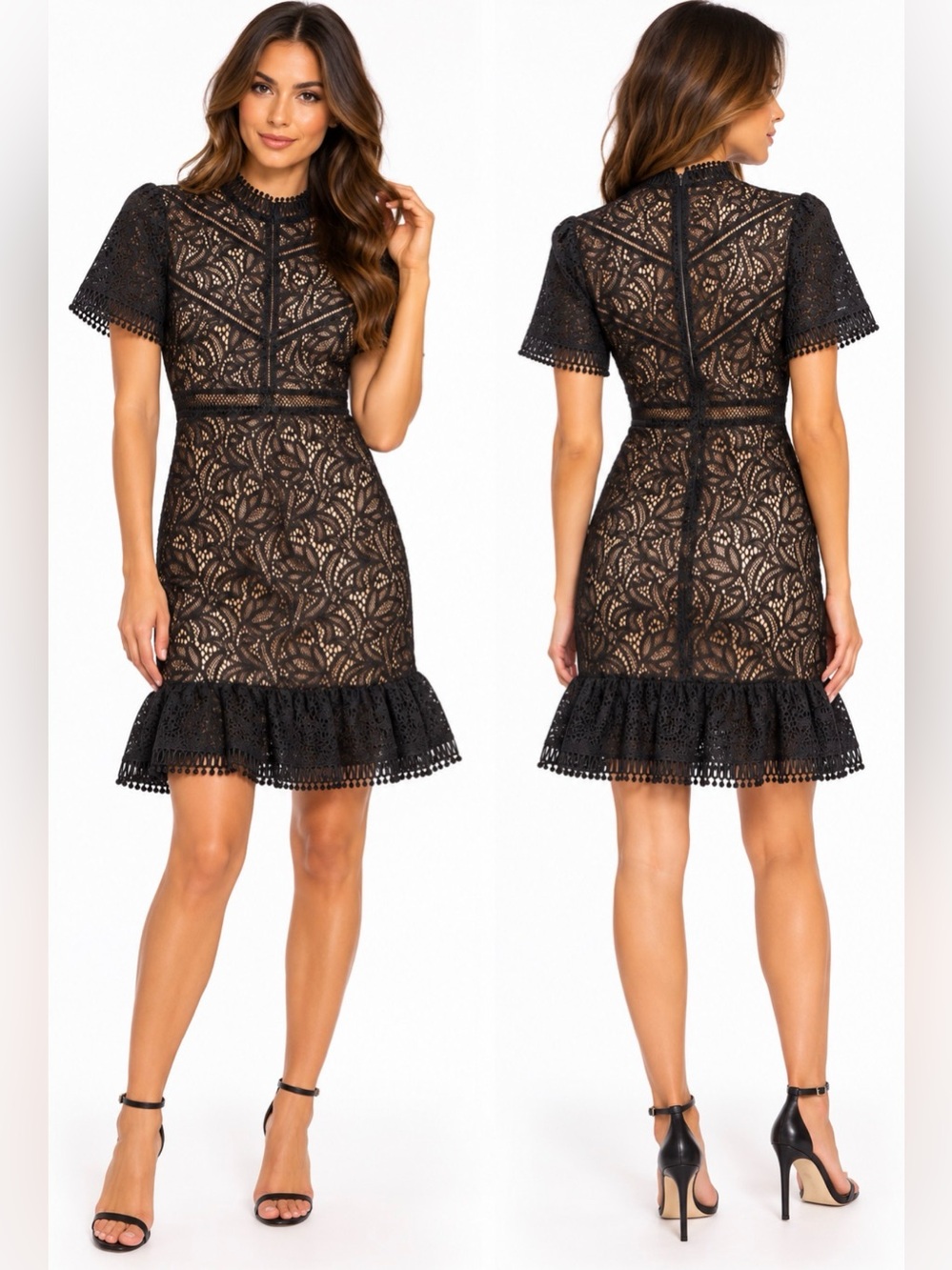 Bardot Black Lace Nude Lined Ruffle Hem Cocktail Dress Size 6
